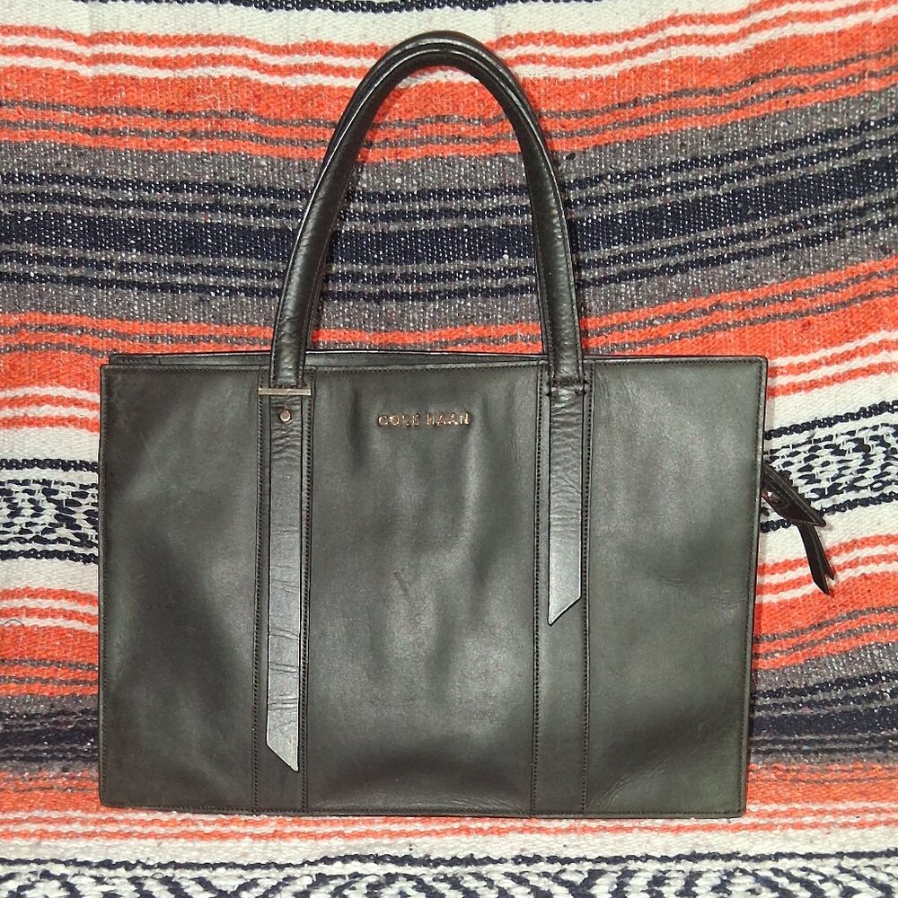 Vintage Cole Haan Black Leather Vestry Satchel Bag  With Gold Hardware